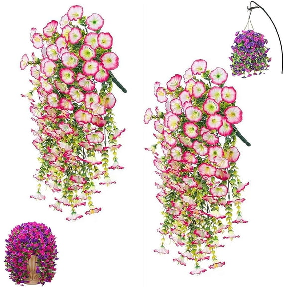 Artificial Hanging Flowers for Outdoors 2 PCS Faux Silk Morning Glory with Eucalyptus Leaves UV Resistant Hanging Artificial Morning Glory Vine Hanging Artificial Flowers