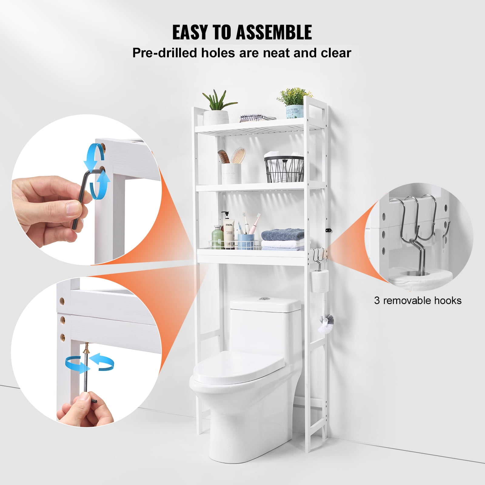 KFFKFF Bathroom Storage Above Toilet, 3-Level Adjustable Bamboo Organizer, Shelf Rack with Trio Hooks, Independent Assembly for Laundry Room Saving Space, Compatible with Various Toilets, White