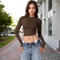 thumbnail image 4 of Women's Long Sleeve Cropped Crew Neck Top - Medium, Brown, 4 of 7