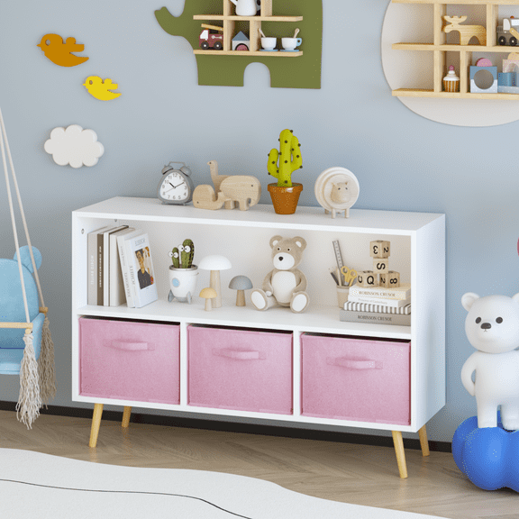 PORKISS Kids Bookshelf and Storage, Wood Kids Bookcase with 3 Collapsible Fabric Drawers, Freestanding Bookshelf for Kids, Toy Organizer for Kids Room, Living Room, Easy to Assembly, White/Pink