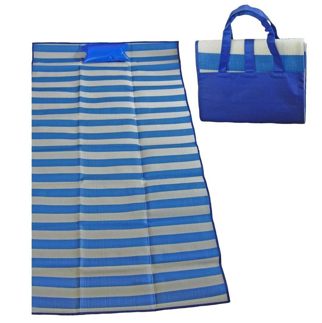 Folding Beach Mat with Pillow Picnic Blanket Blue Stripes