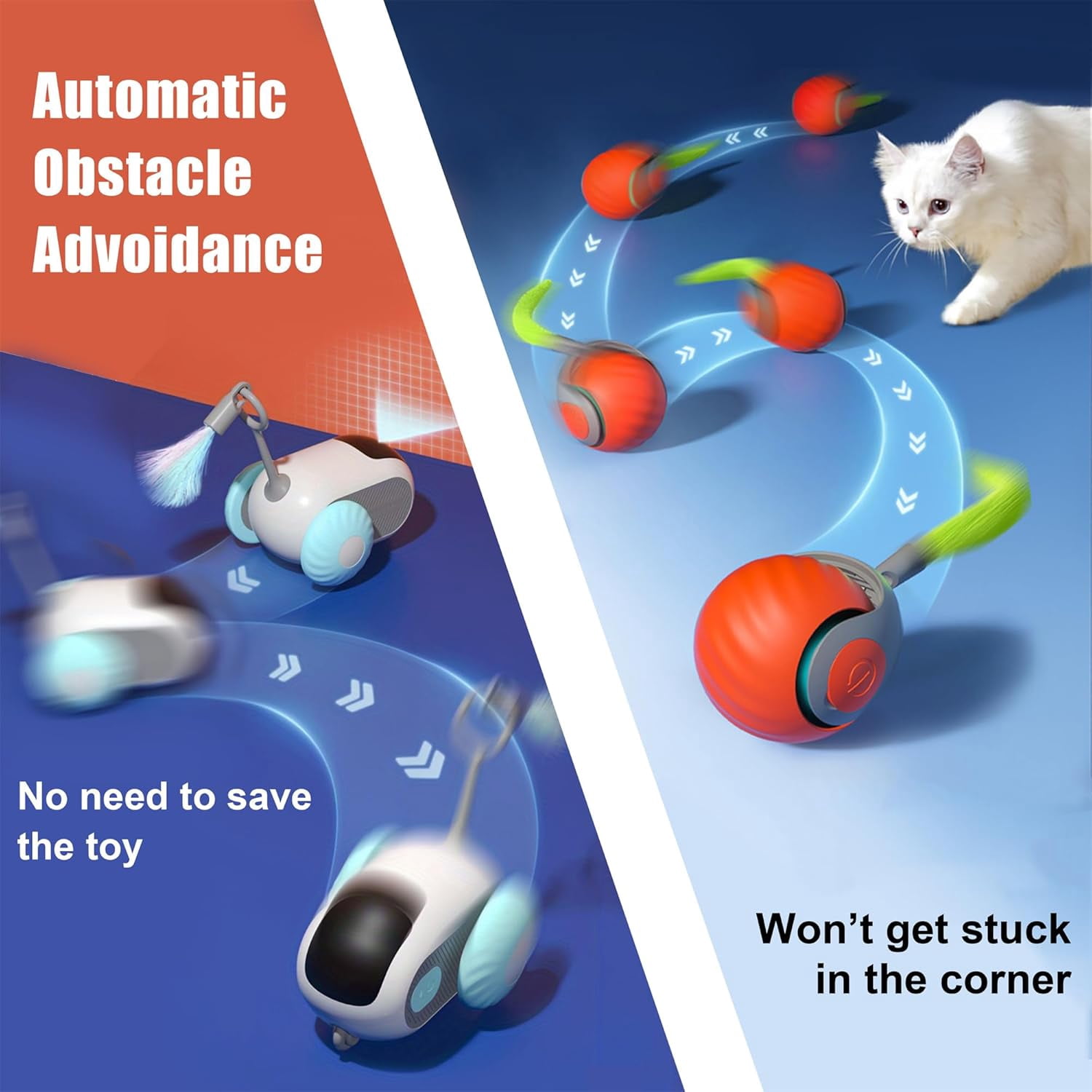 Interactive Robotic Cat & Dog Toy Set - 2-in-1 Automatic Rolling Ball & Motorized Car with Feathers, USB Rechargeable Smart Pet Companion for Bored Indoor Cats, Great for Hard Floors & Wood Surfaces