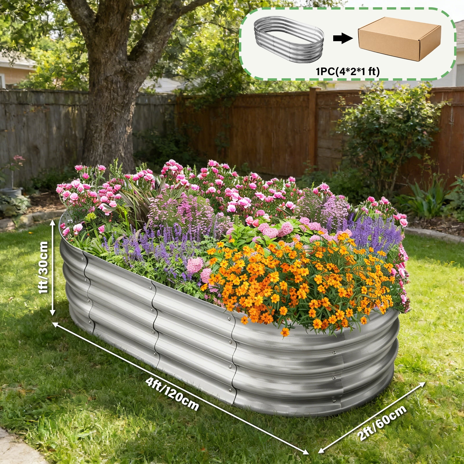 HGD Raised Garden Bed Kit Oval Galvanized Metal Outdoor Planter 4x2x1 ft