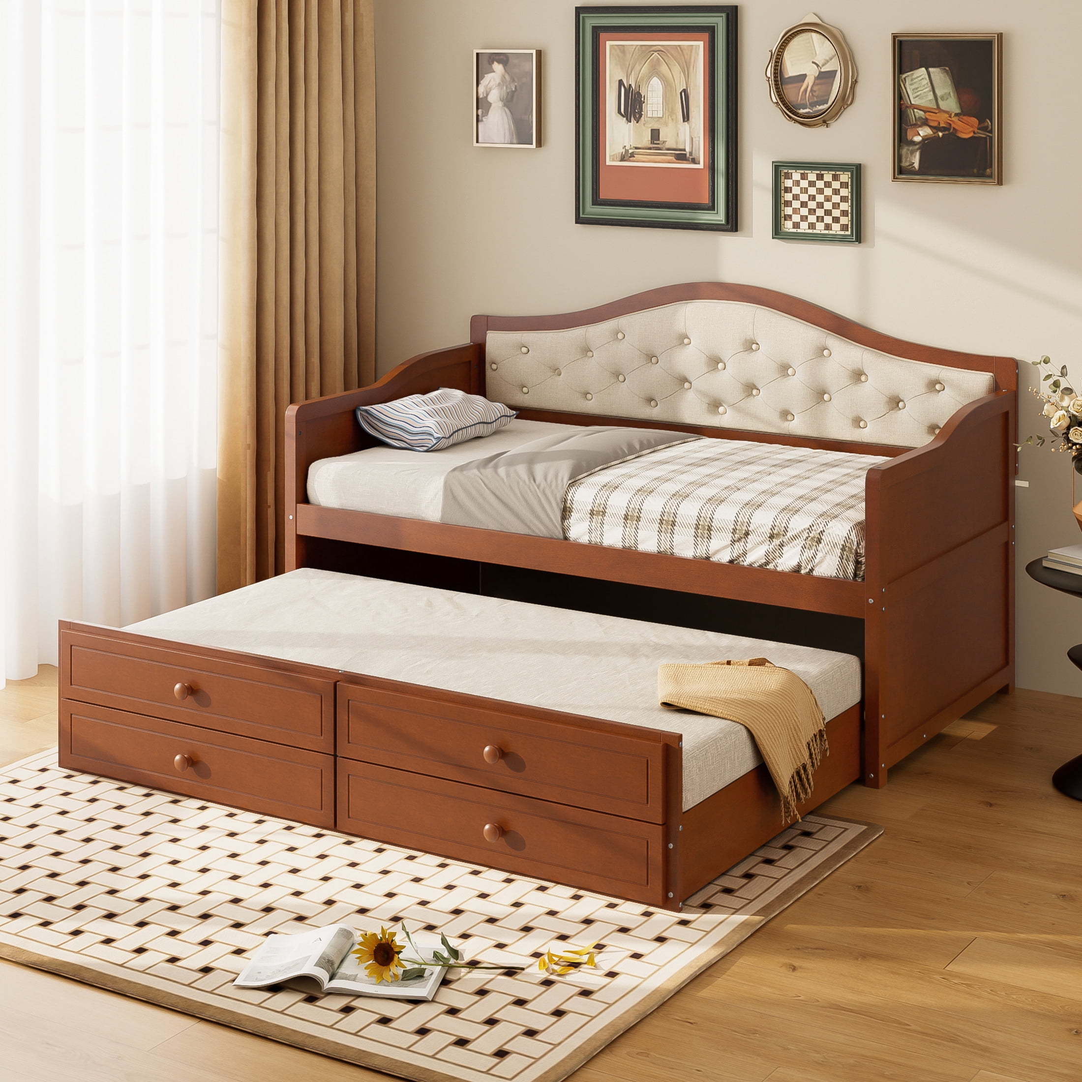 Noble House Twin Daybed with Trundle, 2 Storage Drawers, Upholstered Tufted Backrest, Walnut
