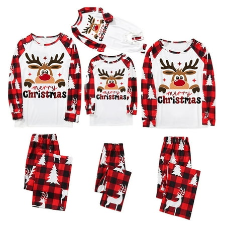 

Matching Family Pajamas Sets Christmas PJ s with Deer Long Sleeve Tee and Plaid Pants Loungewear
