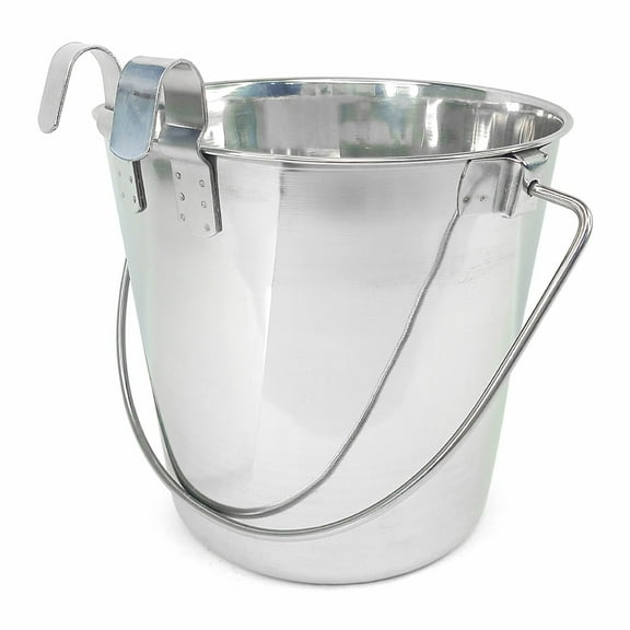 PetYupp Heavy Duty 4 Quart Stainless Steel Flat Side Bucket with 2 Hooks for Dogs