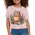 thumbnail image 3 of Uourmeti Girl Capybara Shirt Size 8-10 Summer Short Sleeve Crop Top Flower Casual Crew Neck Pullover Lightweight Loose Sports T-Shirt, 3 of 6