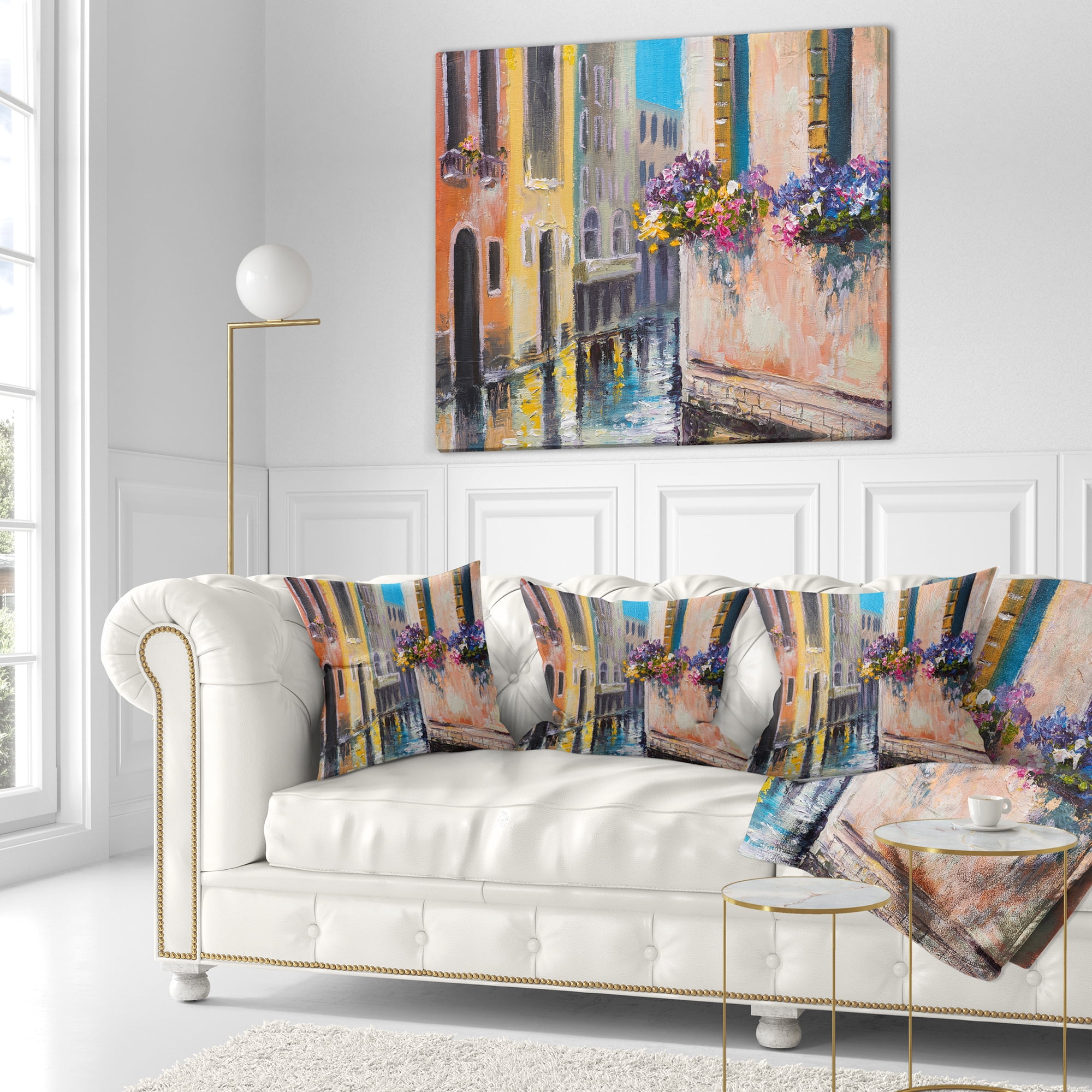 Designart Canal in Venice with Flowers - Cityscape Throw Pillow - 16x16