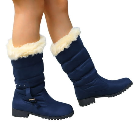 

Snow Boots for Women Fashion Warm Suede Snow Boots with Comfortable Warm Fur Lined Booties Round Toe Retro High Heels Snow Boots Outdoor Slip On Waterproof Mid Calf Snow Boots