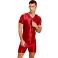 thumbnail image 4 of iixpin Mens Zipper Front Workout Bodysuit Glossy Silky Compression Muscle Shaper Biketard Unitard Burgundy M, 4 of 7