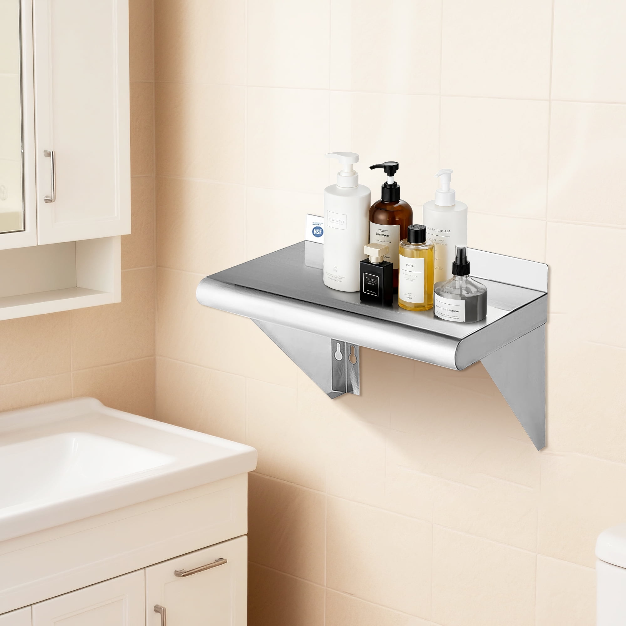 RSN Trend Stainless Steel Shelf 10 x 16 Inches 190lb, 2 Pack NSF Metal Commercial Shelves Wall Mount Floating Shelving with Backsplash for Restaurant, Kitchen, Home and Hotel, Silver