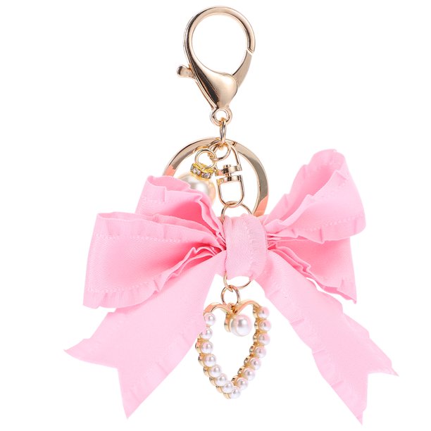 BRIGHTFUFU Llavero Bowknot con colgante de corazón con cuentas de perlas falsas, llavero Bowkot, adorno para bolso