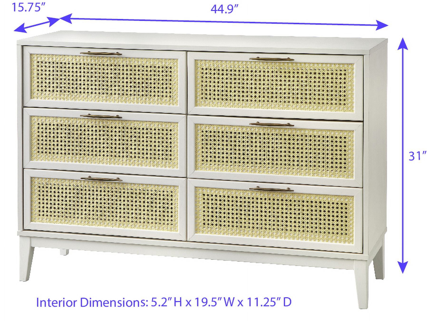TMS Watson 6-Drawer Dresser with Natural Cane Drawer Fronts, White