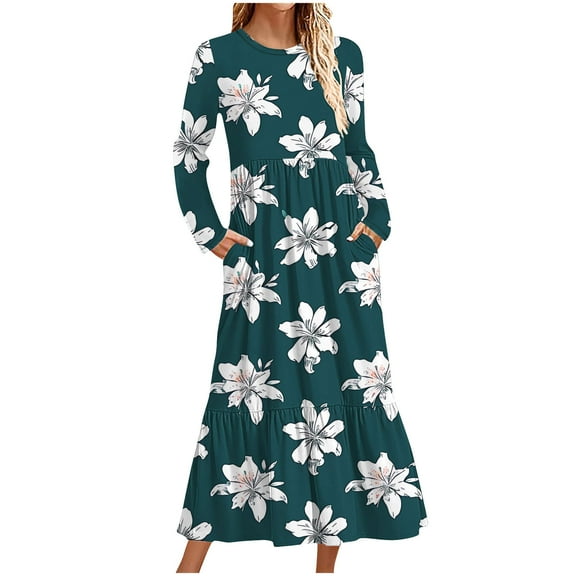Fnooota Maxi Dresses for Women, Casual Spring Fall Long Sleeve Crew Neck Party Dress Army Green Size 2XL