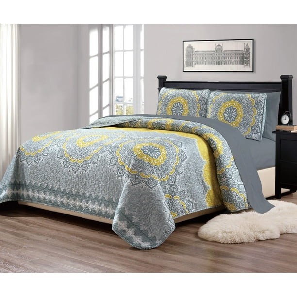 Fancy Linen 7pc Queen Size Bedspread Quilt Over Size 106 X 95 Yellow Coastal Plain Grey Green White Elegant Design With Matching 4pc Sheet Set Oslo Yellow Walmart Com Walmart Com