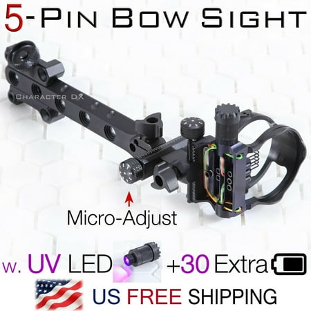 5 Pin Micro-Adjust Compound Bow Sight .019 Fiber UV LED + Batteries Bow Hunting