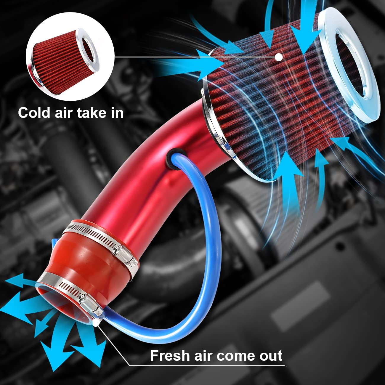 Universal Car Cool Air Intake Kit 3 Inch Diameter Pipe Aluminium Automotive Filter Induction Low Hose and Clamp Kits (Red)