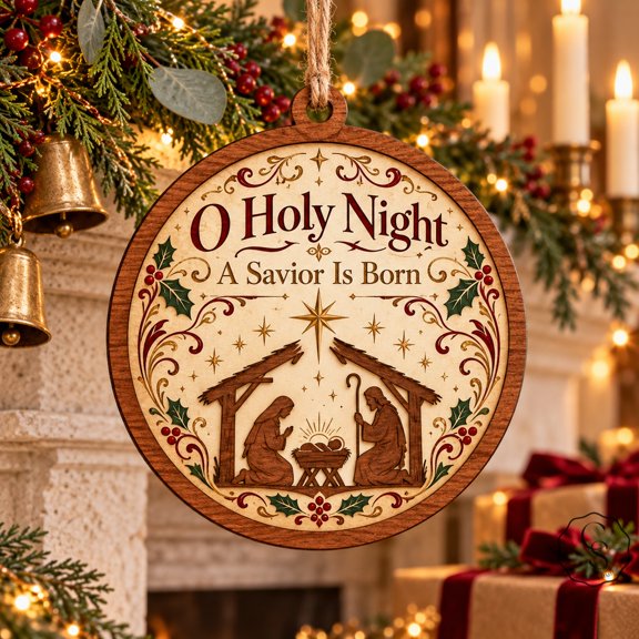 Christmas Ornament Nativity Scene O Holy Night Wooden Tree Decoration for Christian Faith Gift