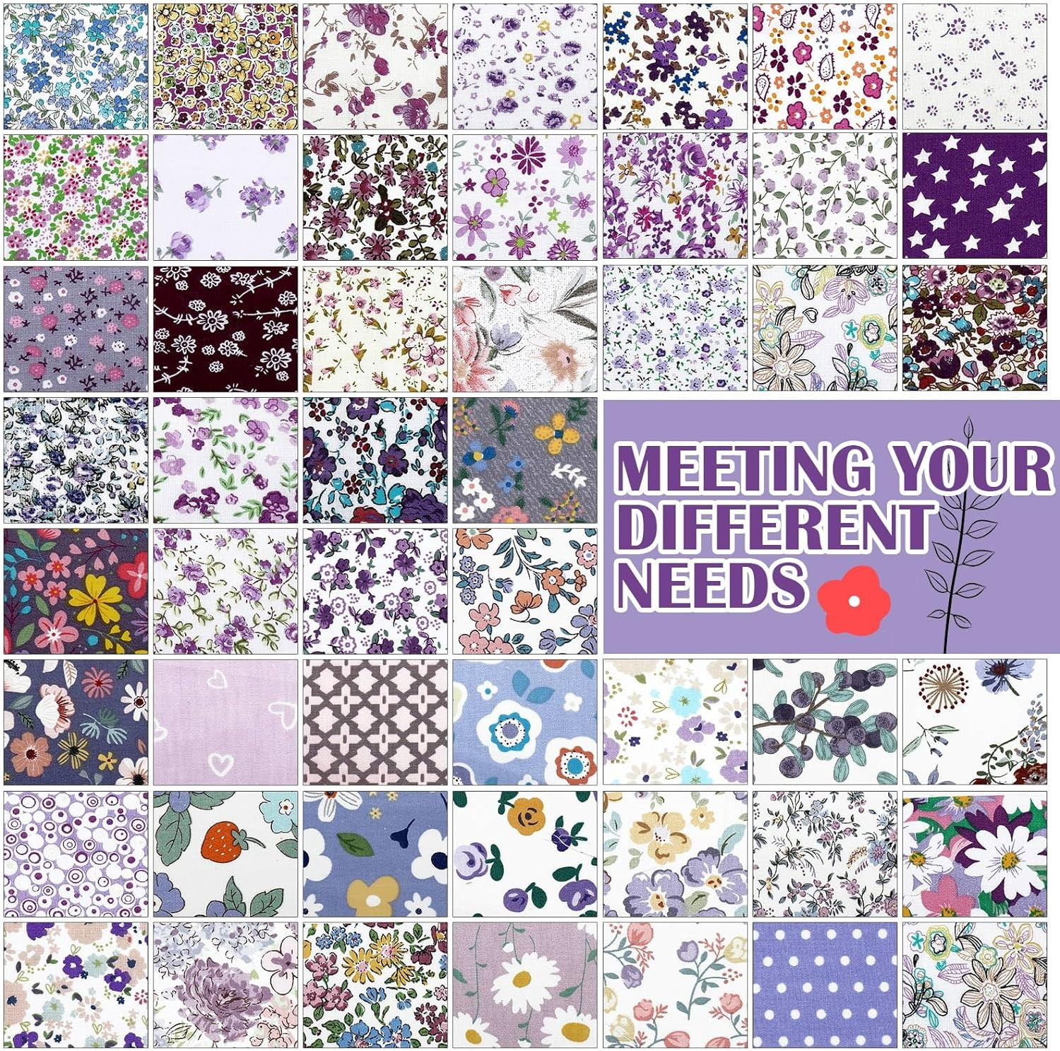 600 Pcs 4 x 4 Inch Cotton Fabric Square Precut Quilting Squares Printed Floral Patchwork Fabric Bundles for Spring DIY Craft Sewing Clothing Accessory(Purple)