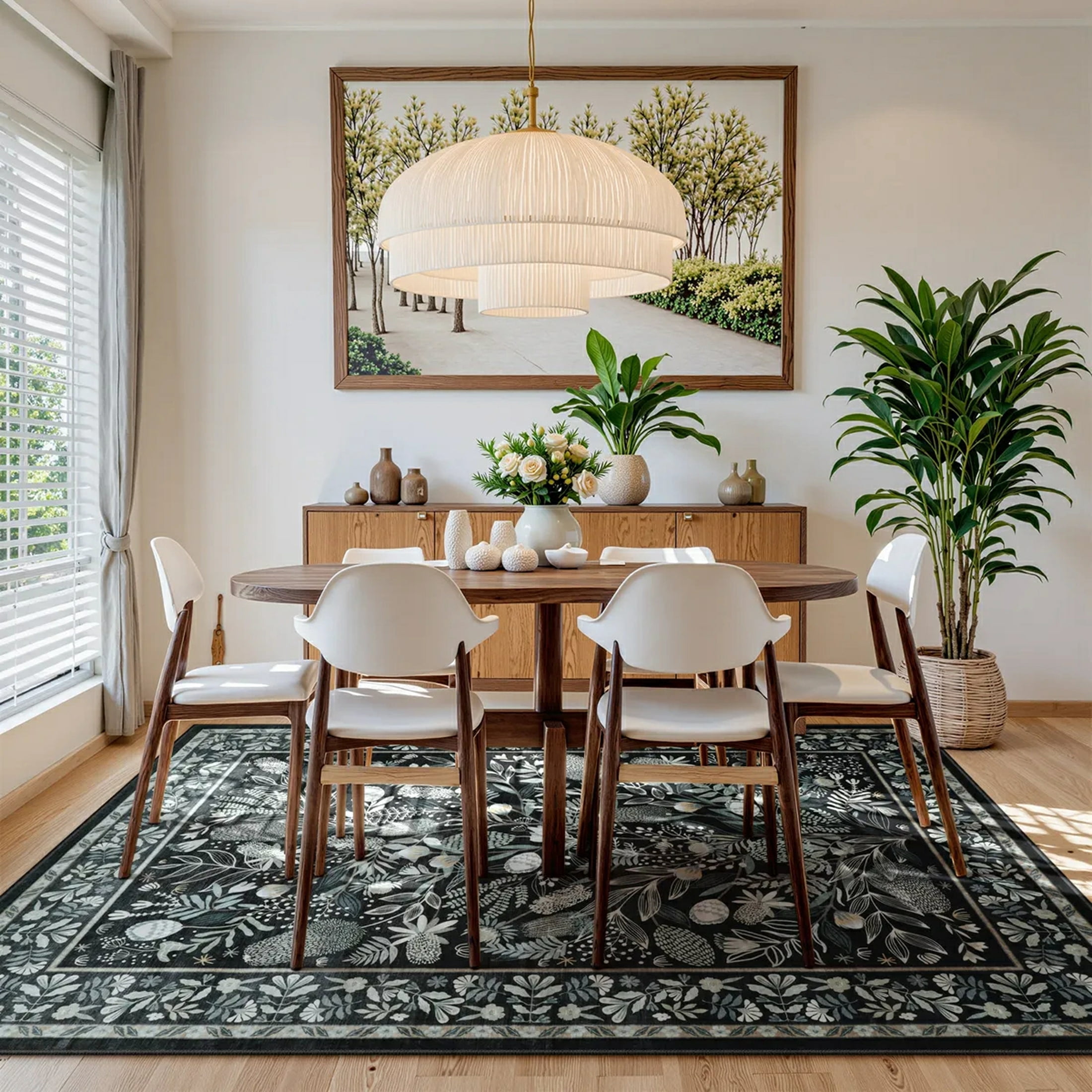 Moynesa 5'x7' Washable Rugs for Living Room, Black Botanical Floral Large Rugs for Bedroom Non-Slip Soft Modern Natural Rugs for Dining Room, Stain Resistant Accent Carpet for Dorm Apartment