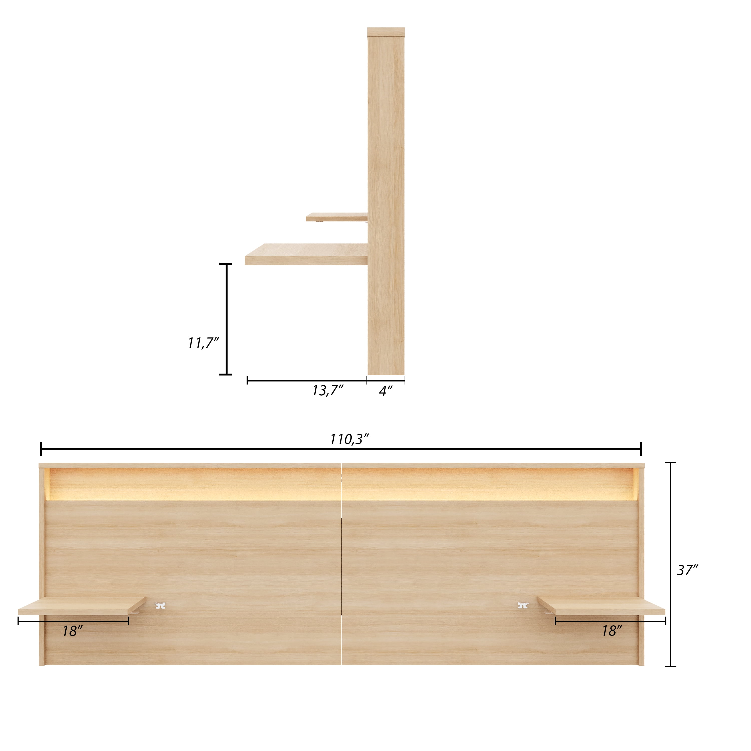 Nexera Lido Queen Size Extended Headboard with Integrated Shelves and Lighting, Natural Blonde Oak