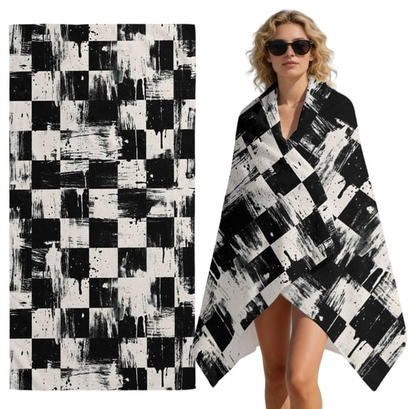 Abstract Checkerboard Beach Towel Turns Into Beach Bag – Quick Dry,Absorbent Microfibre 31"x63" Big Towels for Yoga,Pool,Camping,Bathroom,Travel Retro Black Beige
