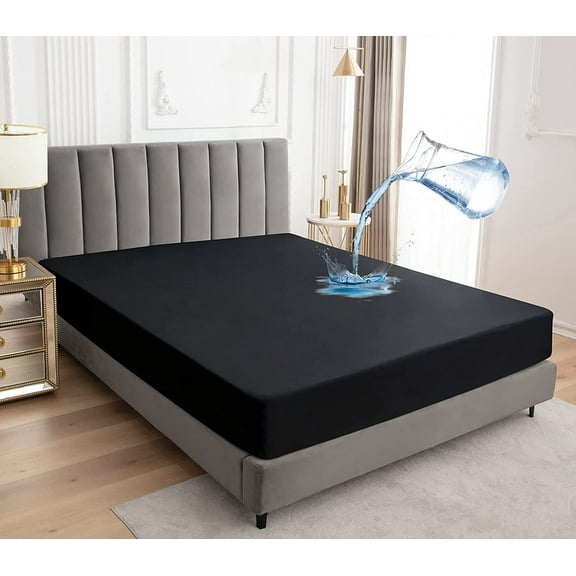 Mattress Protector,Waterproof 12" Deep Pocket Mattress Cover Fitted Sheet Style with Elastic Rubber Band,Washable and Easy Care-Black,Queen