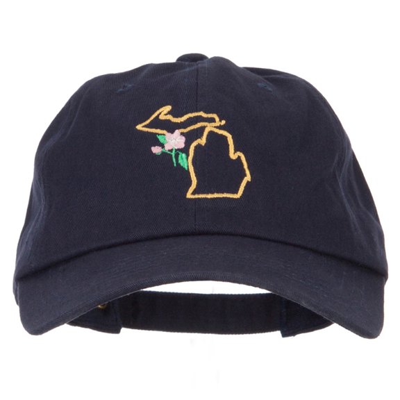 Michigan Apple Blossom with Map Embroidered Unstructured Washed Cap - Navy OSFM