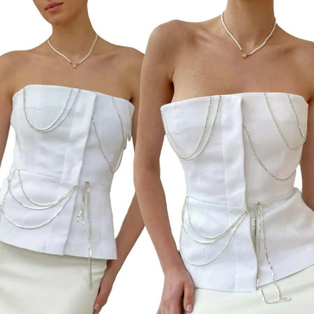 

Carolilly Women Summer Chic Corsets Tops Strapless Metal Chain Solid Color Tanks Strapless Off Shoulder Wrapped Tube Tops Streetwear