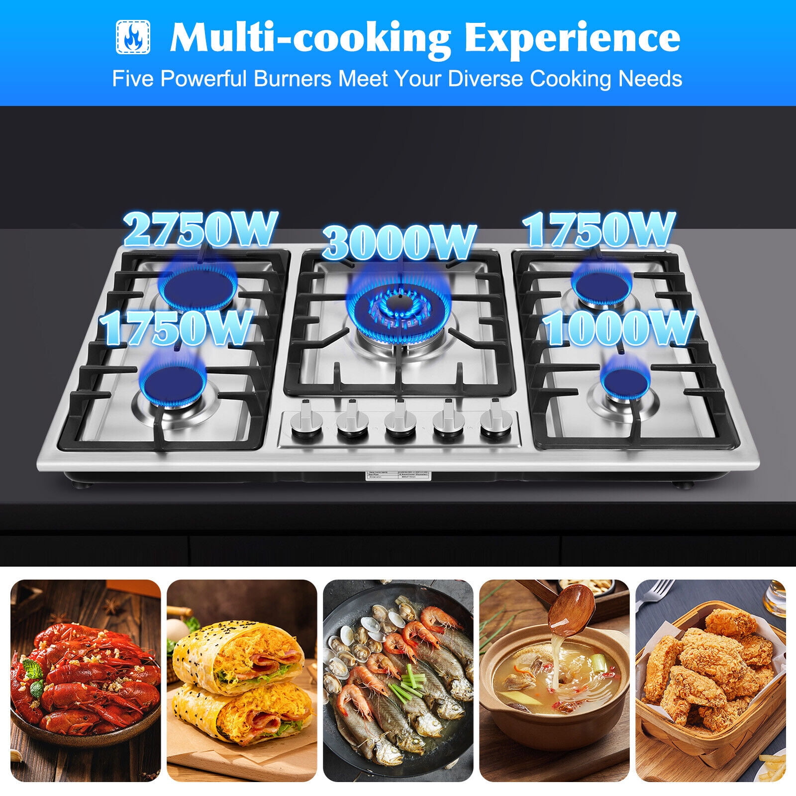 34" Gas Stove Cooktop with 5 Burners Kitchen, Stainless Steel Cooker Built-in NG/LPG Gas Cooktop