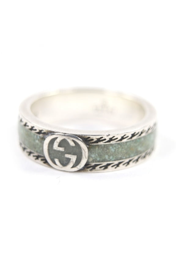 Pre-Owned GUCCI 645573 AG925 Enamel Interlocking G Ring, Silver Green, Size 18, Made in Italy,...