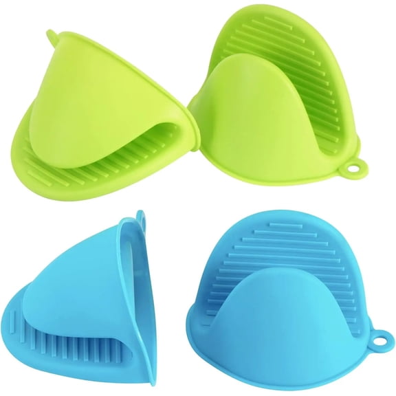 4PCS Silicone Oven Mitts Heat Resistant, Silicone Potholders for Kitchen, Mini Rubber Oven Glove Kitchen Mittens, Cute Cooking Mitts (Blue and Green)