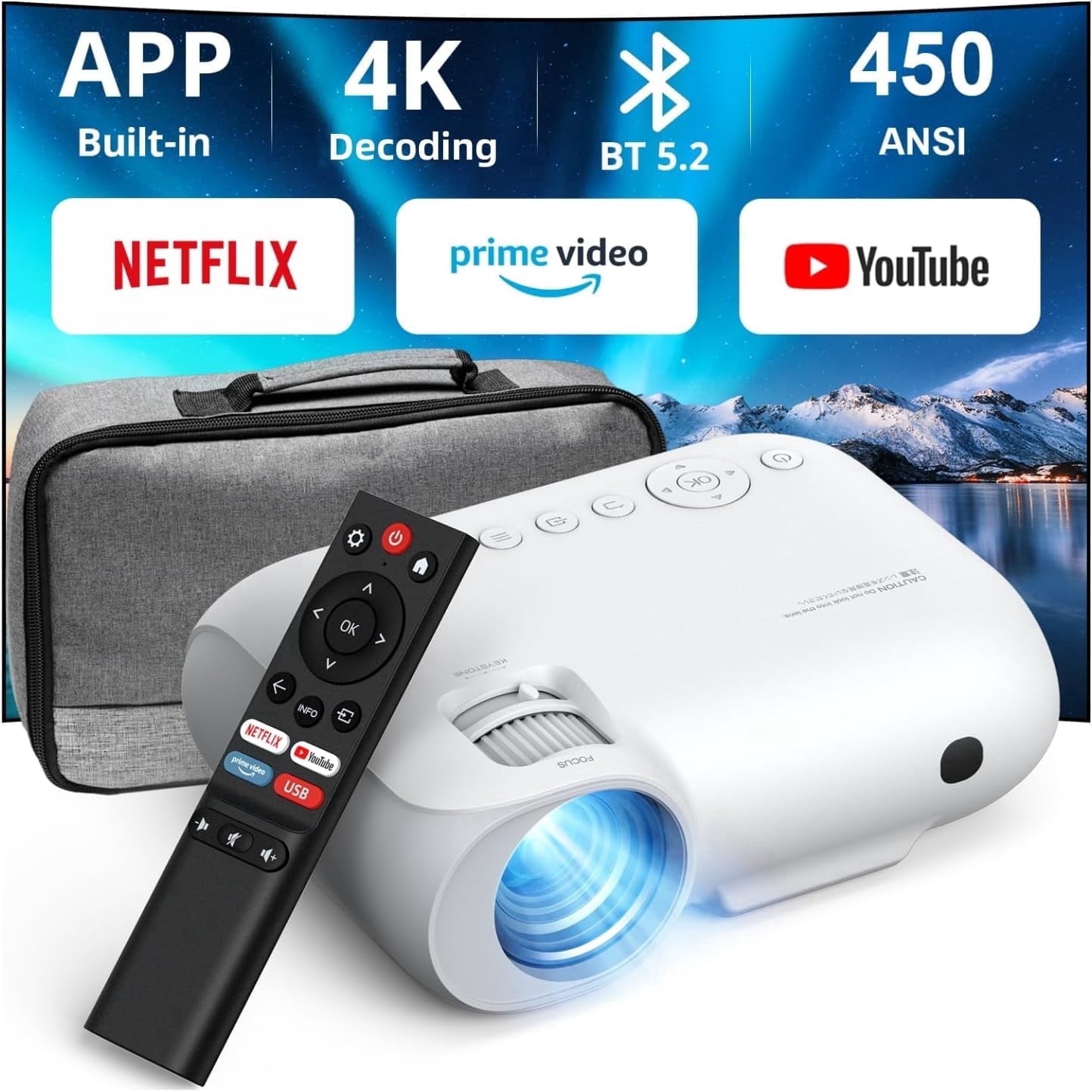 CocoBear Native 1080P Projector with 5G WiFi & Bluetooth 5.2, 9000 Lumens LED, 4K Supported, 50–200" Display, Zoom Function, Home Theater Projector, White