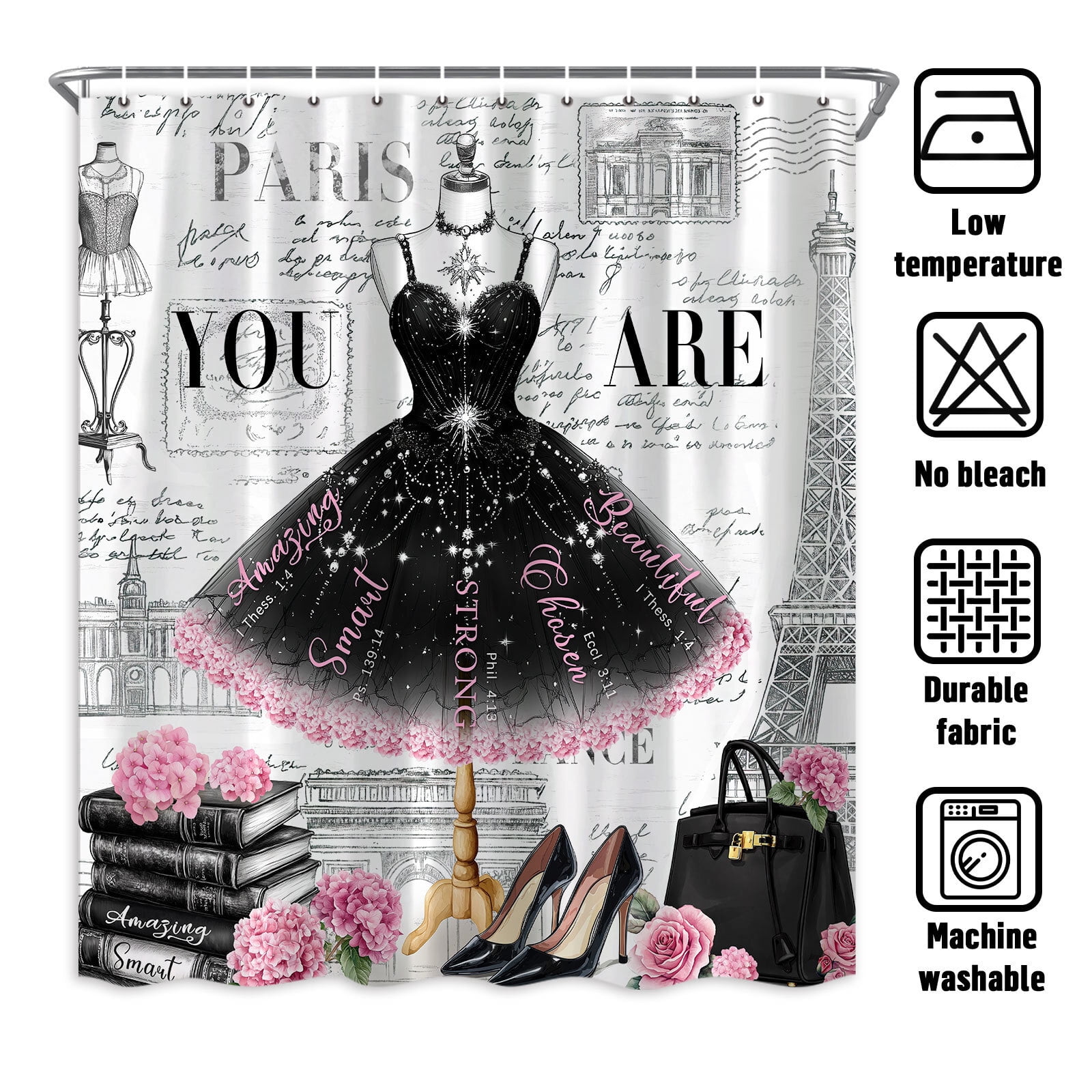 Black Girly Dress Shower Curtain, Fashion Modern Ballet for Girls Women Bath Curtain, Eiffel Tower Paris Perfume High Heels Makeup Bathroom Decor Fabric Polyester Waterproof with Hooks,60X70in