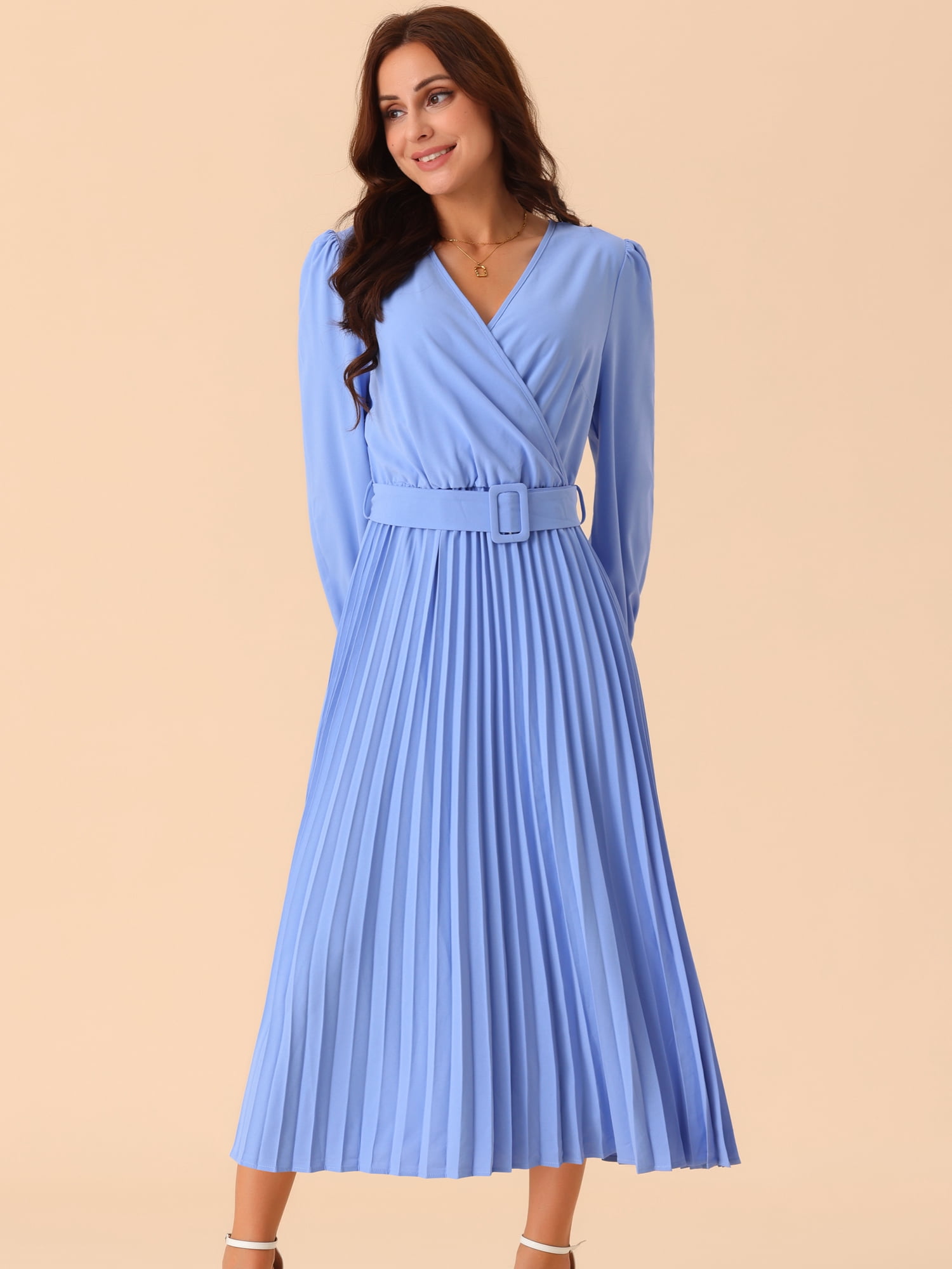 DARING DIVA Women's Long Puff Sleeve Flowy Ruffle Pleated Dress with Belt S Blue