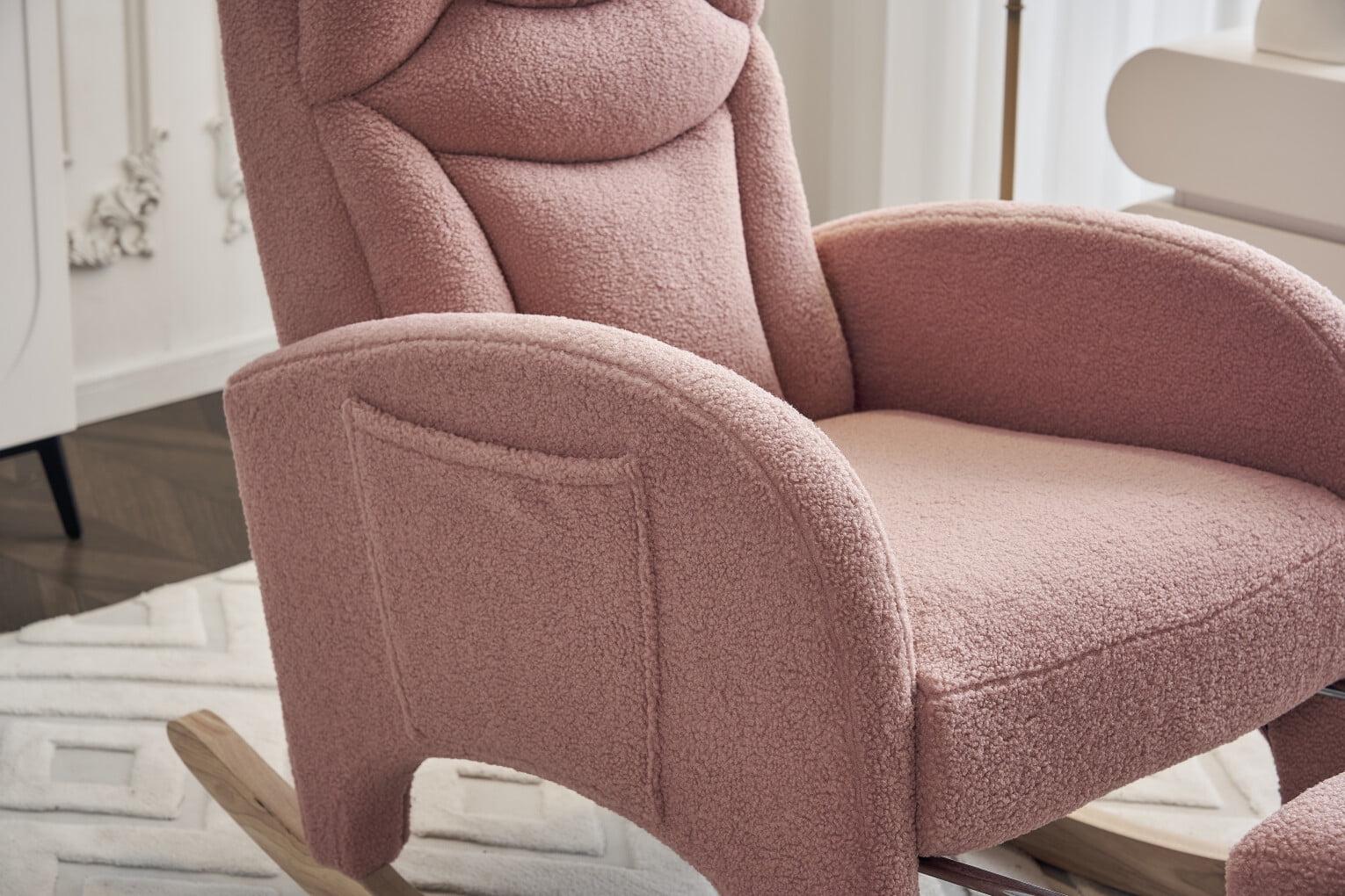 Nursery Rocking Chair with Two Side Pockets & Adjustable Footrest, Teddy Fabric Rocker with High Backrest, Modern Rocking Accent Chair for Living Room, Bedroom, Pink