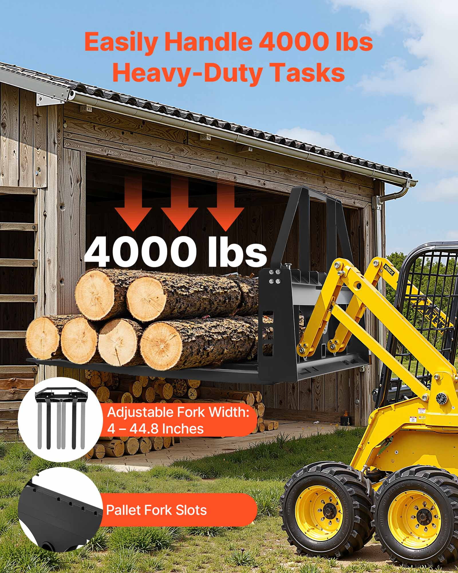 VEVOR Skid Steer Pallet Forks, 4000 lbs Rated Capacity, Pallet Fork Frame Attachment with 48-inch Pallet Forks Forklift Blades, 2-inch Hitch Receiver & Spear Sleeves, Fit for Skid Steers, Tractors