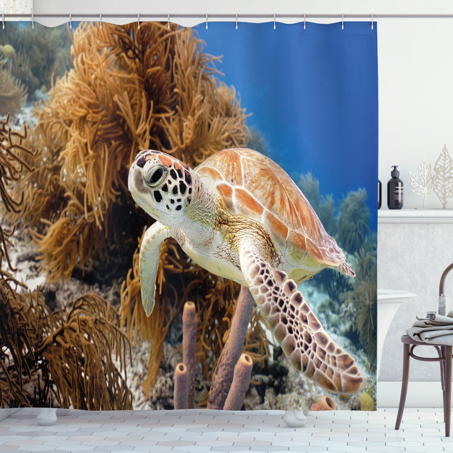 Huge Turtle in Ocean Bath Curtain Mildew resistance Waterproof Fabric 71x71inch 