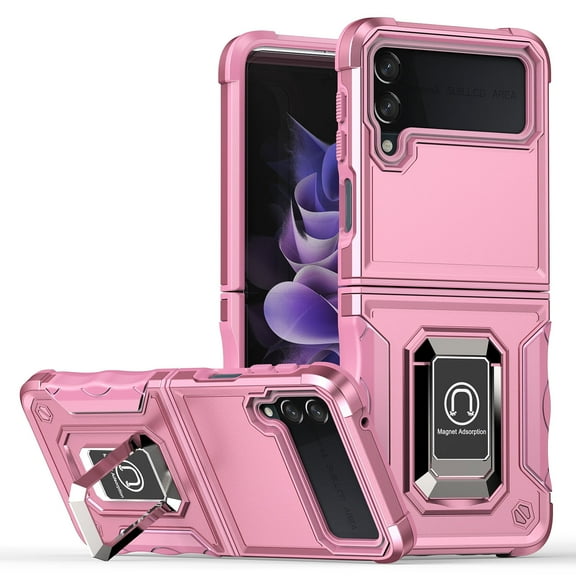 for Samsung Galaxy Z Flip 3 5G Case, with Kickstand Magnetic Ring Rugged Protective Military Grade Shockproof Cover for Galaxy Z Flip 3 6.7" 2021, Pink