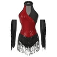thumbnail image 2 of Doomiva Women Glitter Sequin Tassel Latin Jazz Cha-Cha Dancewear Lyrical Dance Bodysuit Leotard Burgundy M, 2 of 7