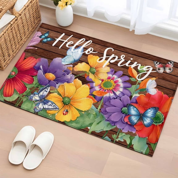 Rectangle Area Rugs 2 x 3 Ft, Spring Flowers Non-Slip Residential Carpet, Watercolor Farmhouse Colorful Wooden Grain Indoor Crawling Mats Runner Rugs for Living Room/Dining Room/Bedroom