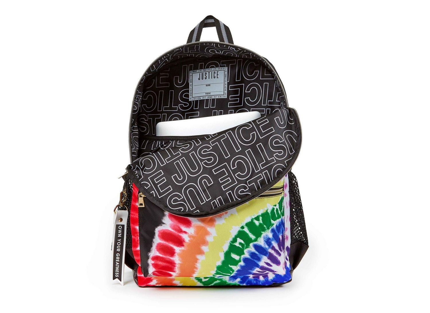 Sac à dos à compartiments multiples en nylon Tie Dye pour filles de la marque Justice™ Sac à dos de 17 po avec porte-clés en relief en caoutchouc texturé