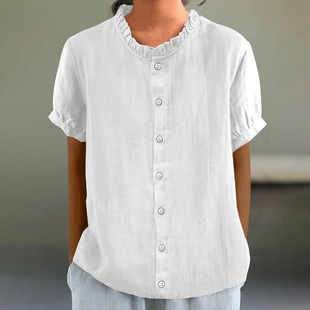 mfyjkho Tops De Gimnasio Para Mujer, Blusa Informal De Manga Corta Con Cuello Redondo Y Botones De Encaje Liso Para Mujer Tops Y Blusas Para Mujer S