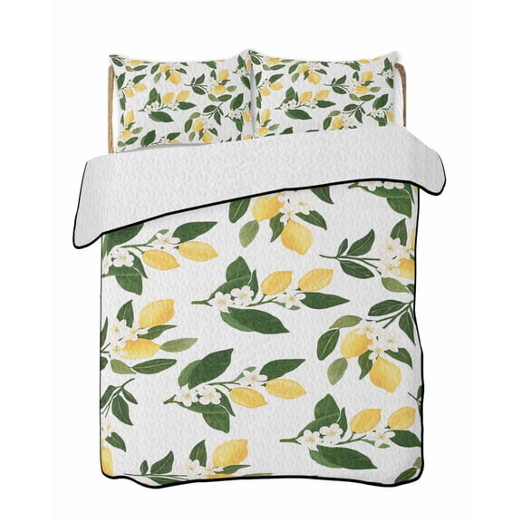Quilts Twin-XL Size Bedding Set, Lemons Leaves Lightweight Quilted Comforter, Summer Fruits Floral Botanical Soft Reversible Bedspread Coverlet with Pillow Covers for All Season, 68" x 98"