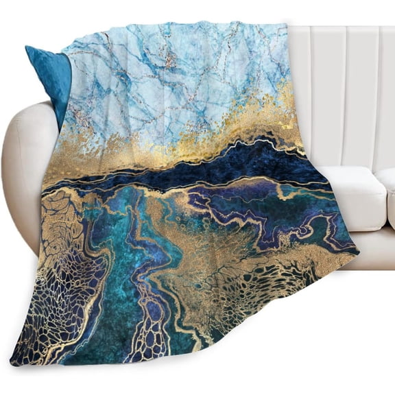 Marble Flannel Fleece Blanket,Abstract Blue Marble Fake Stone Liquid Gold Foil Ultra-Soft Microfiber Throw Blanket for Bedroom Living Couch Sofa Kids Adults Decor 40x50in