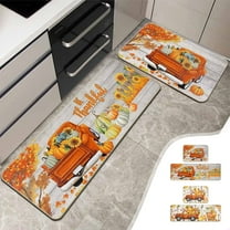 Fall Truck Leaves Sunflower Kitchen Rugs Mat, Sets of 2 Washable Non-Slip Wooden Pumpkin Thanksgiving Kitchen Floor Mats for in Front of Sink Kitchen Decor for Dining Room, Laundry