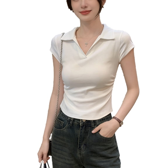 LNWUY Womens Short Sleeve Business Casual Tops Solid Color Slim Fit V Neck Dressy Blouses Trendy Style Collared Shirt Tees White XL