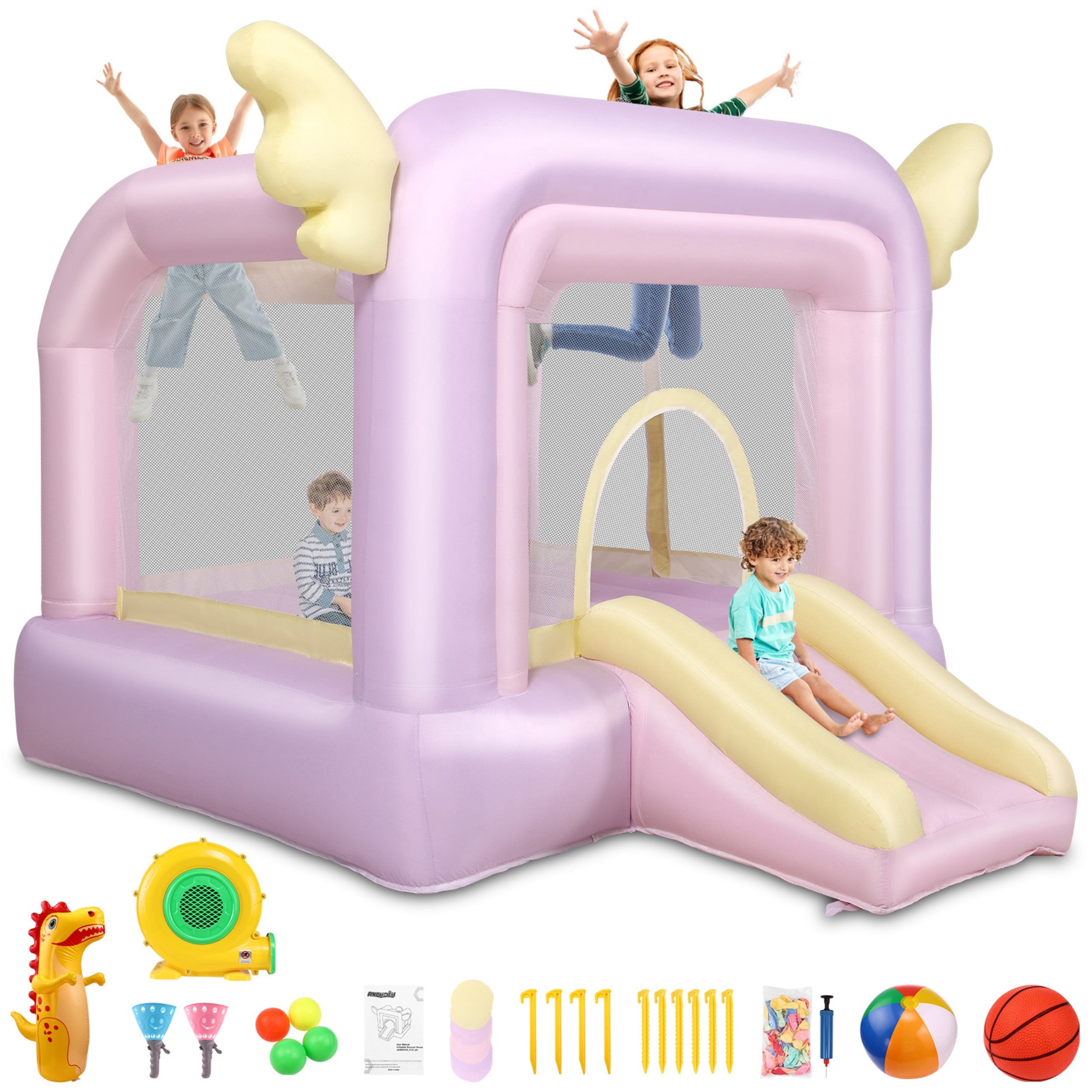 Funcid Inflatable Bounce House for Kids 106"x85"x80" - Macaron Jumping Castle with Slide, Basketball & Complete Party Kit