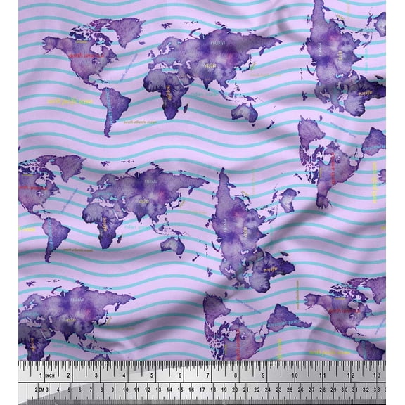 Soimoi Purple Cotton Cambric Fabric Waves & World Map Print Sewing Fabric Yard 42 Inch Wide