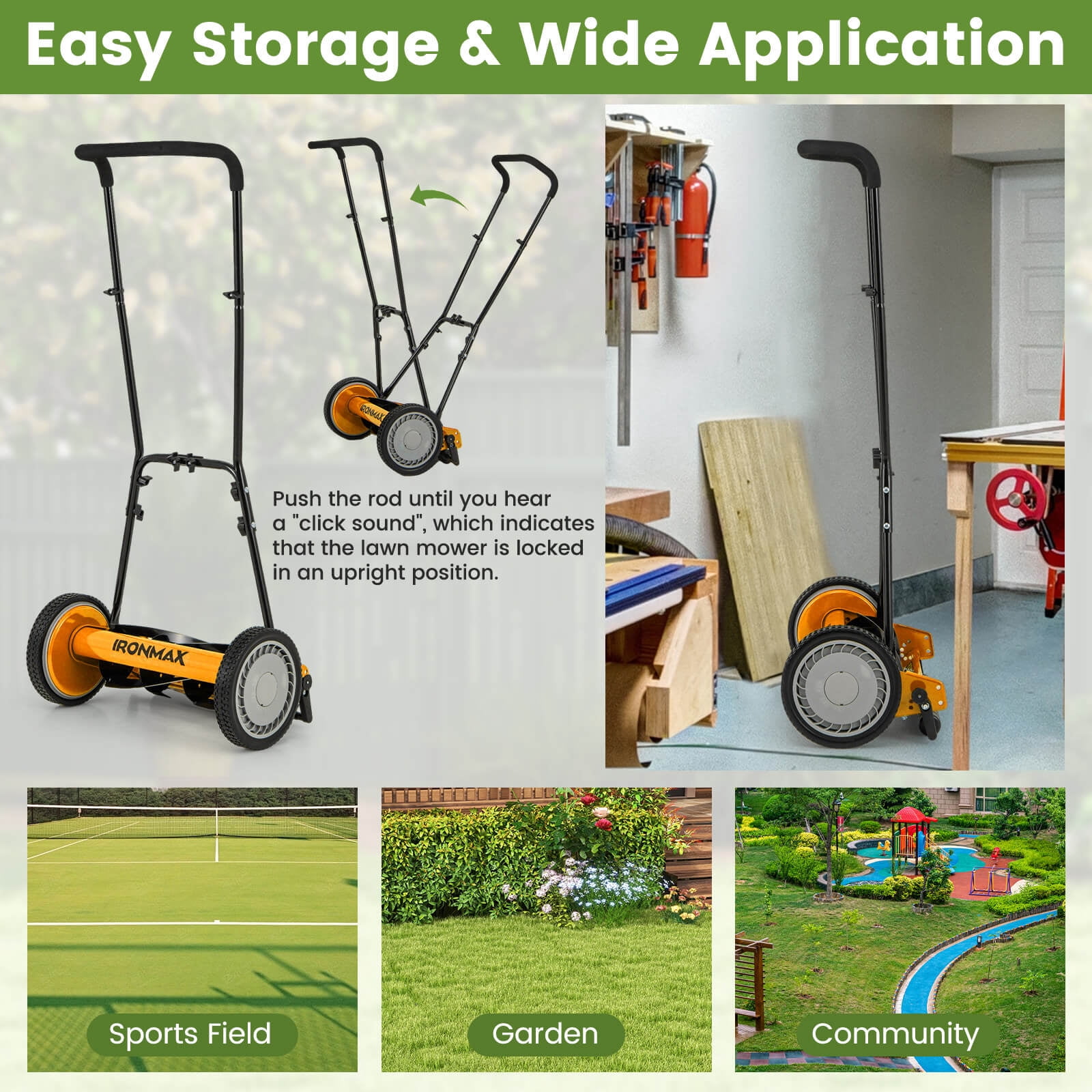 Ironmax 16” Push Lawn Mower,Cordless Manual Reel Mower,6.9Gallon Removable Grass Catcher Orange + Black